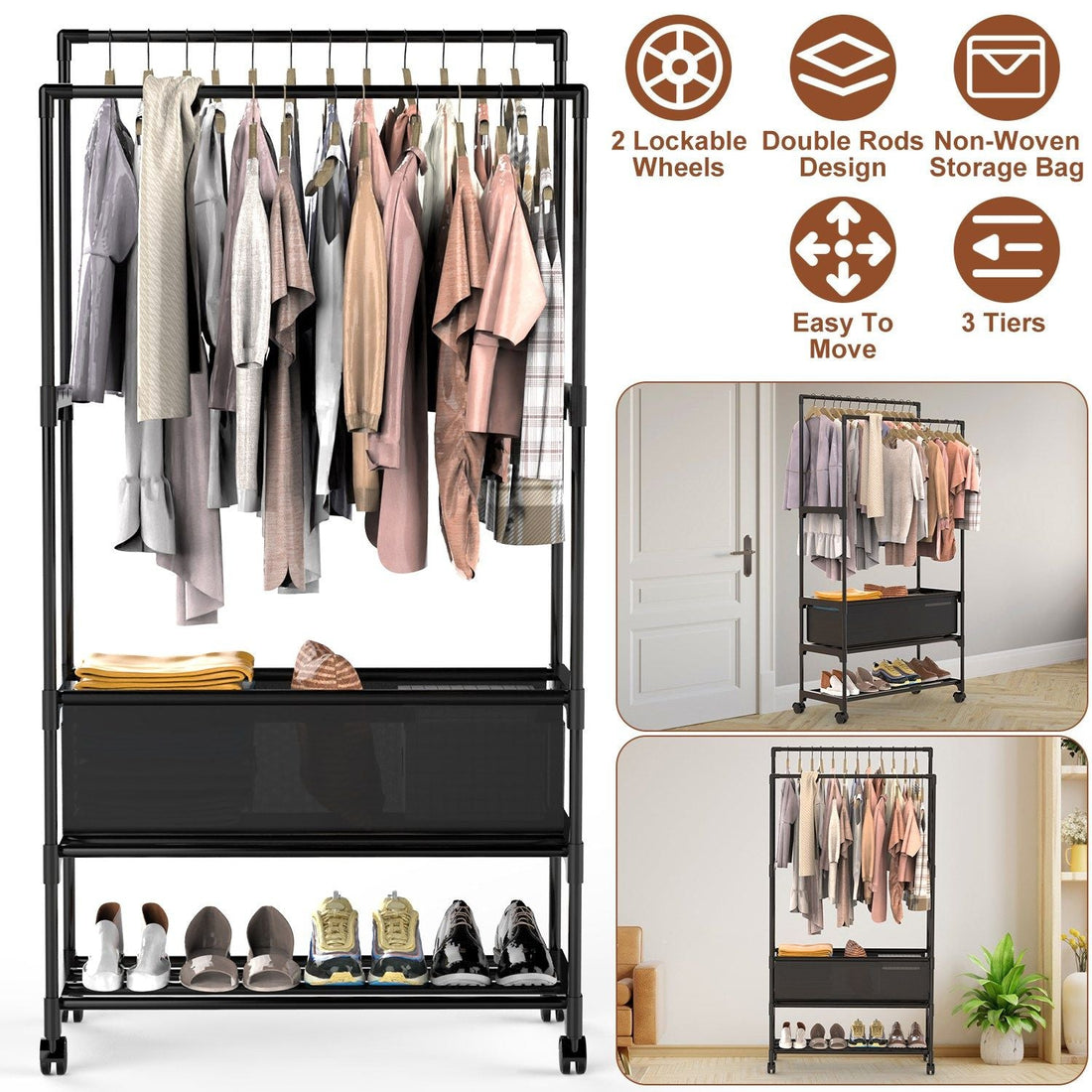 Portable clothes rack arranged in a small room