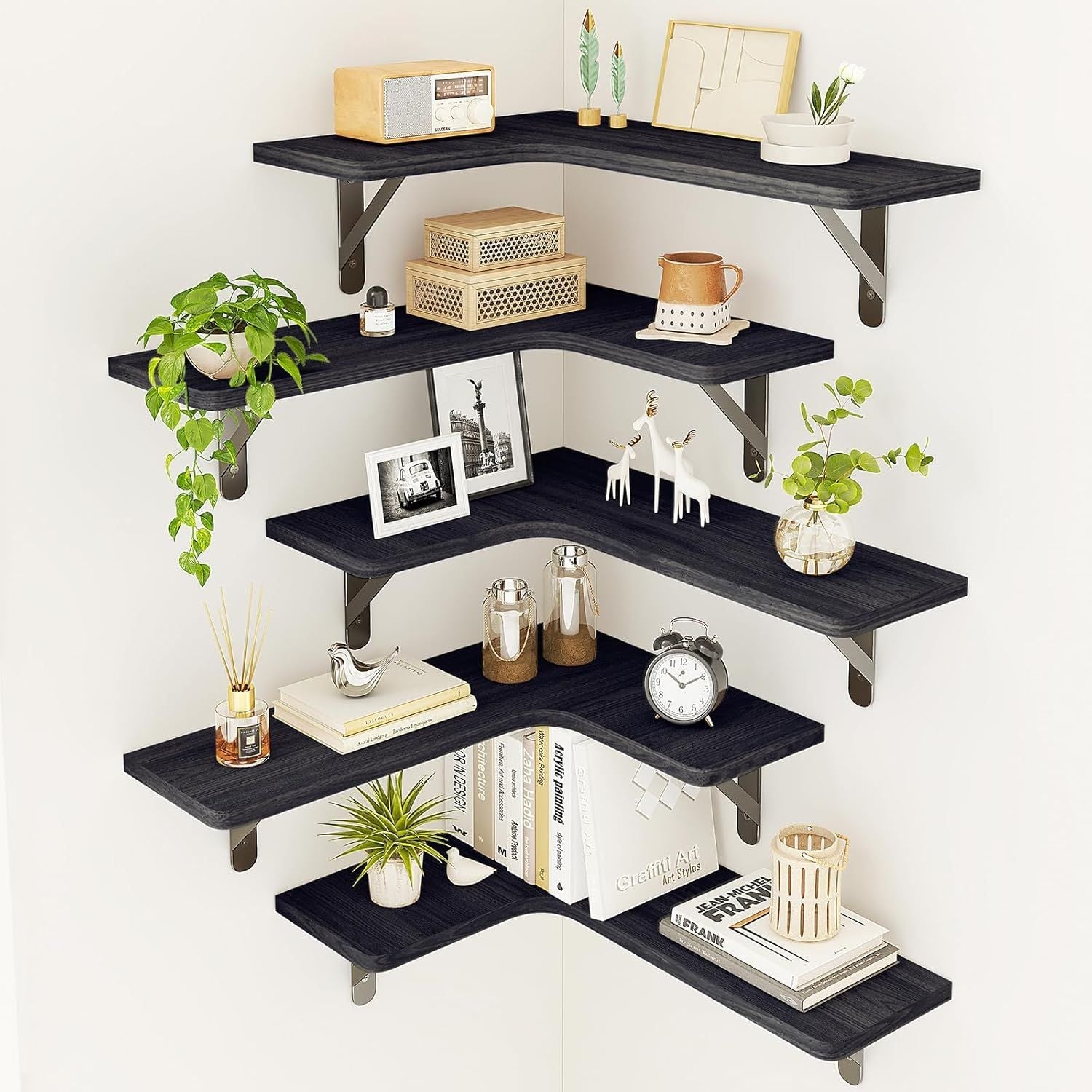 Wall-mounted corner shelves arranged for bathroom storage