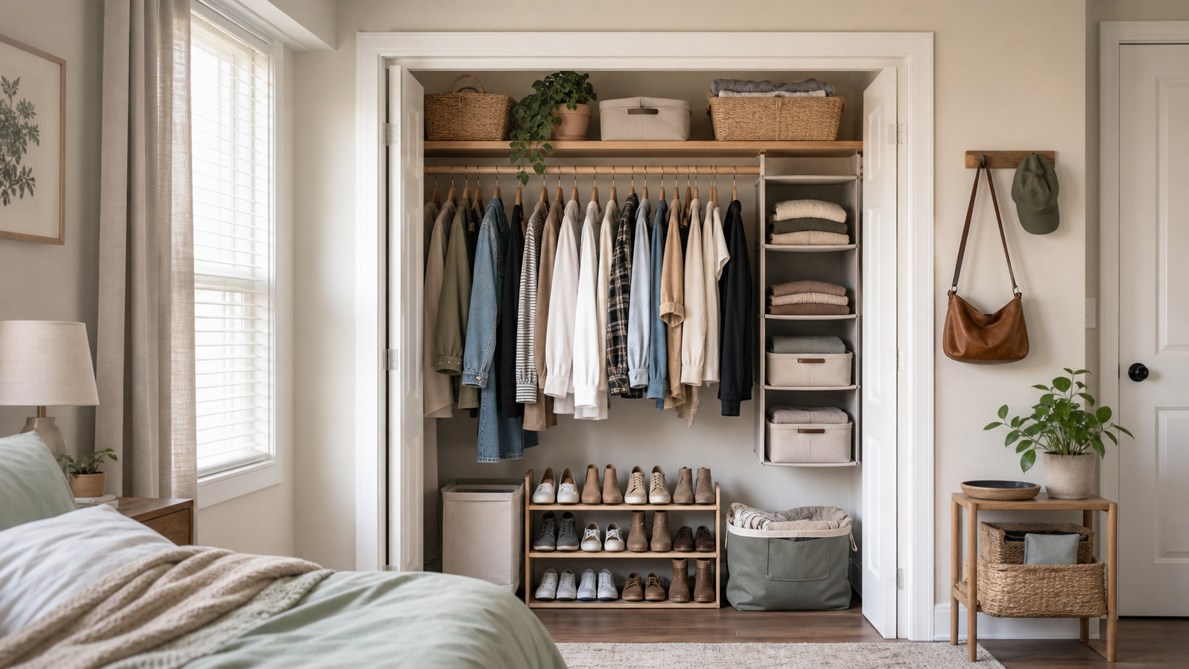 Small bedroom closet organized into zones for hanging clothes, folded items, shoes, and baskets