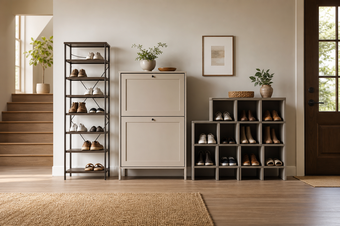 Organized entryway with a practical shoe rack and neatly stored footwear