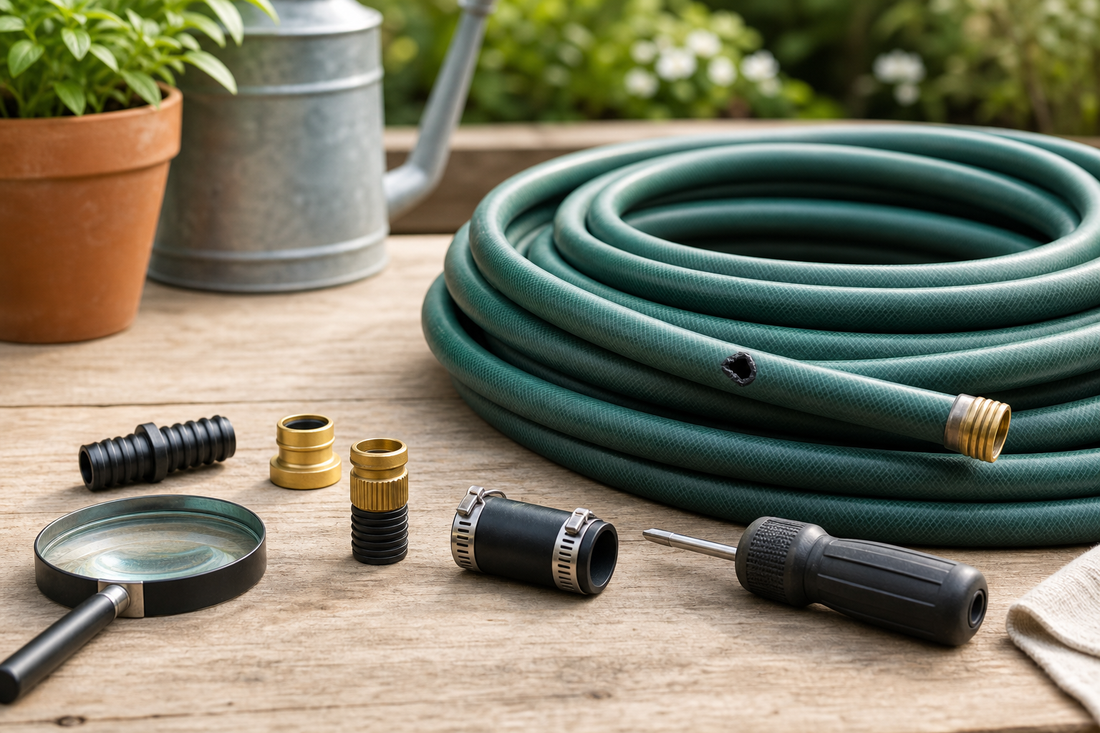 Garden hose repair tools and fittings on a clean outdoor work surface