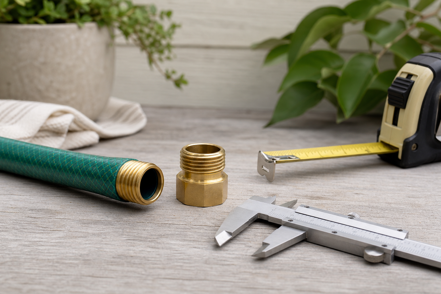 Close view of common garden hose fittings arranged for thread size comparison