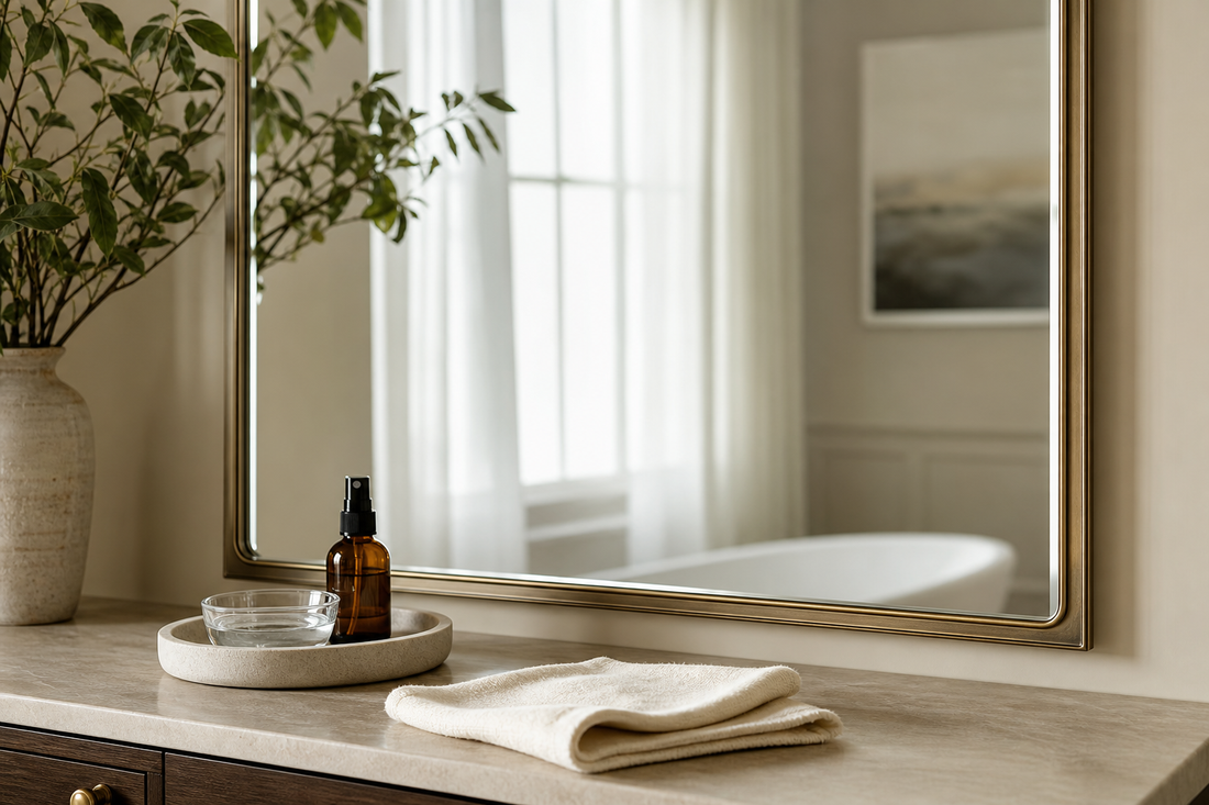 Streak-free mirror cleaning with a microfiber cloth in a bright bathroom