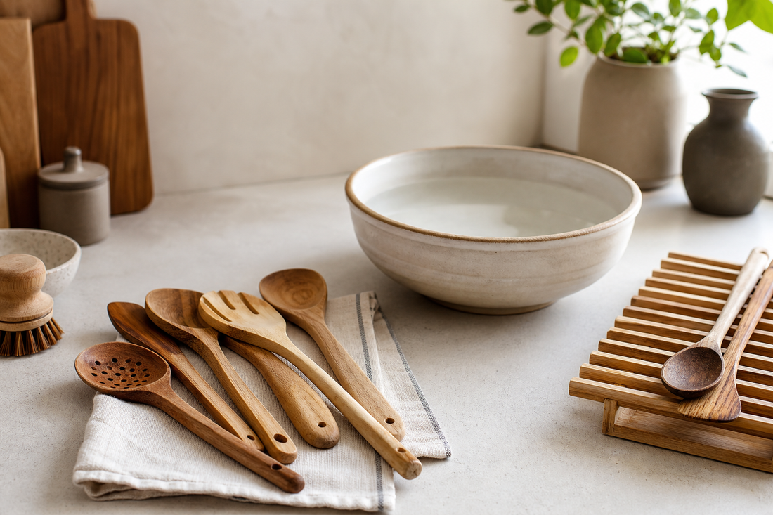 Wooden kitchen utensils being cleaned and air dried beside a sink