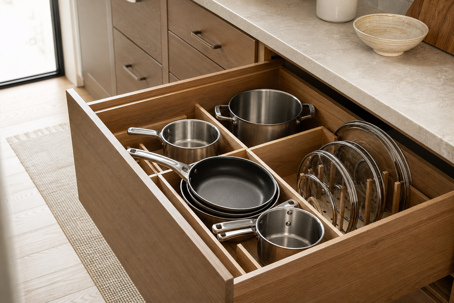 Kitchen cabinet with pots, pans, and lids arranged in accessible organizers