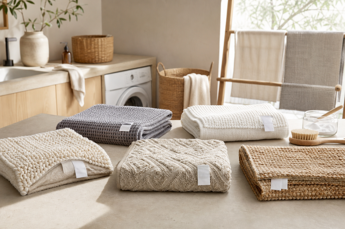 Clean bath mats drying in a bright laundry and bathroom setting