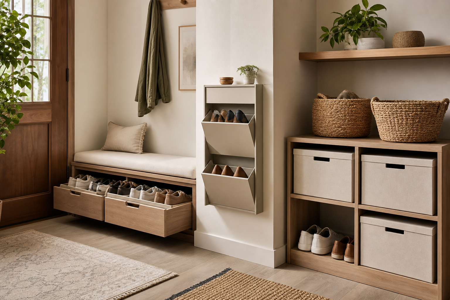 Compact entryway showing baskets, a bench, and other shoe rack alternatives