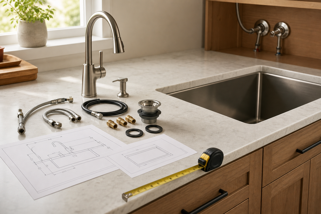 Kitchen sink and faucet installation area with essential hand tools