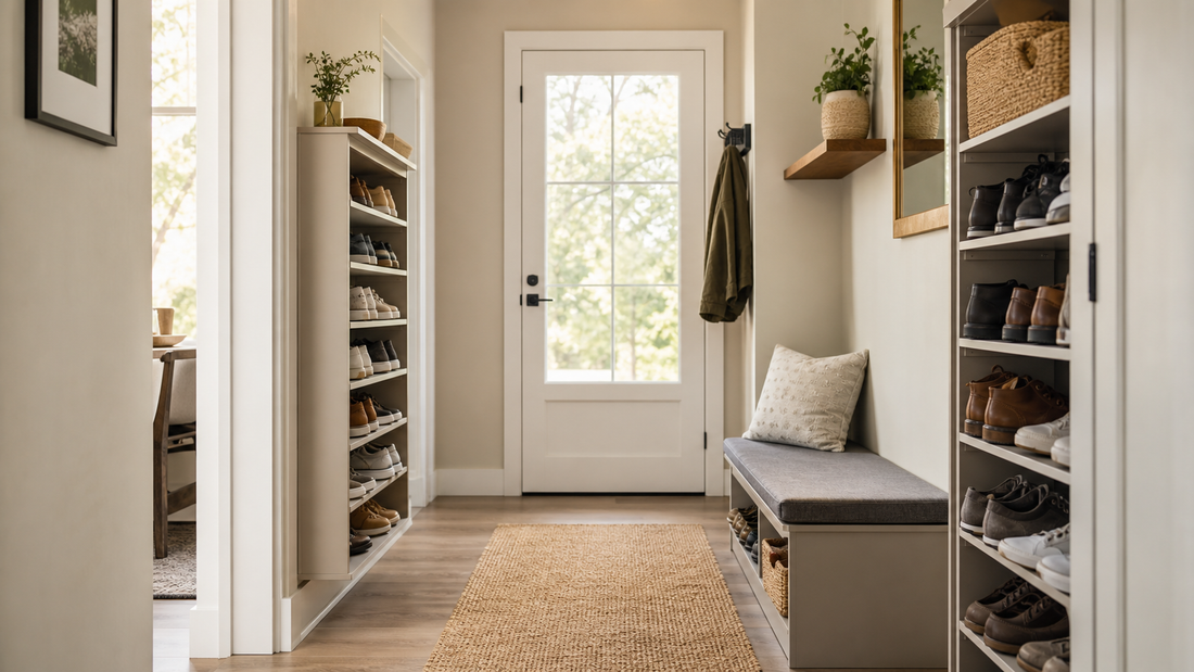 Editorial home scene illustrating shoe storage ideas for small spaces for shoe storage planning