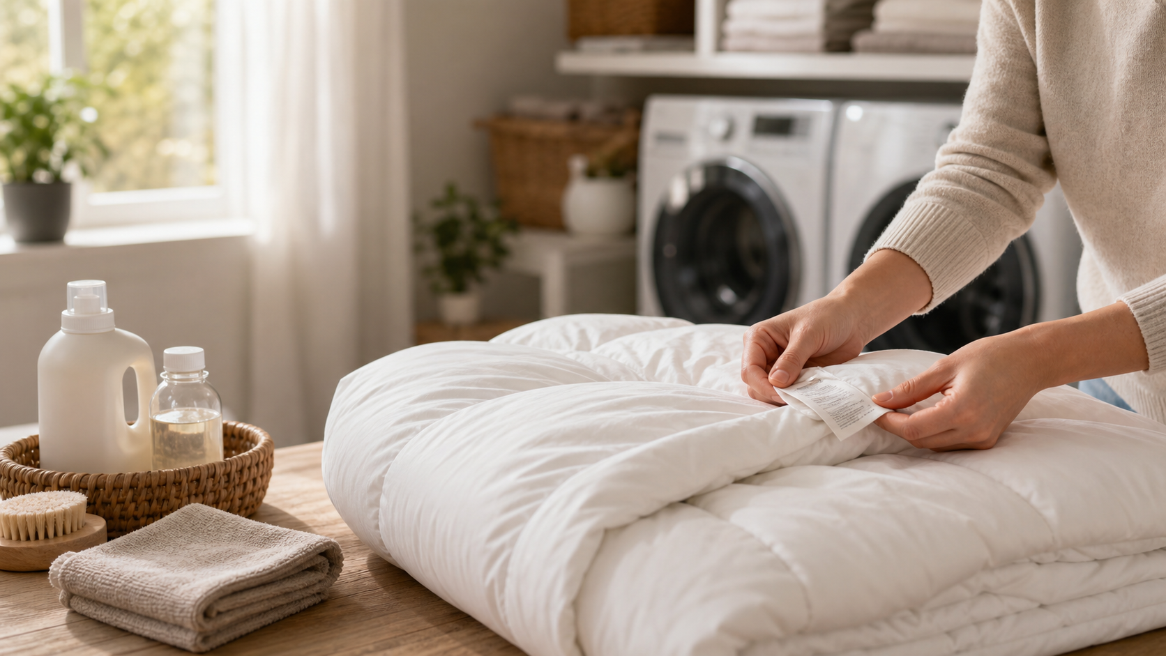 Editorial home scene illustrating how to clean a down comforter at home for comforters quilts planning