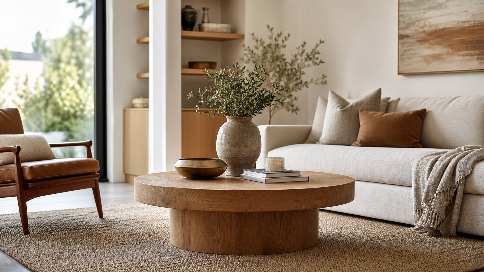 Editorial home scene illustrating how to style a round coffee table for coffee tables planning
