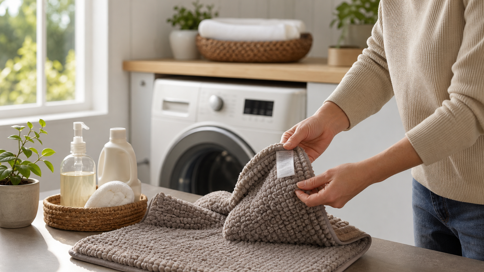 Editorial home scene illustrating can you wash bath mats for towels bath mats planning
