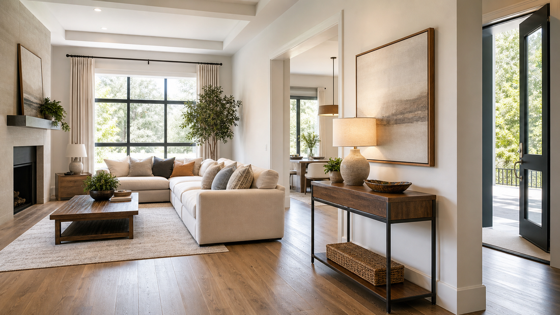 Editorial home scene illustrating where to put console table in living room for accent tables furniture planning
