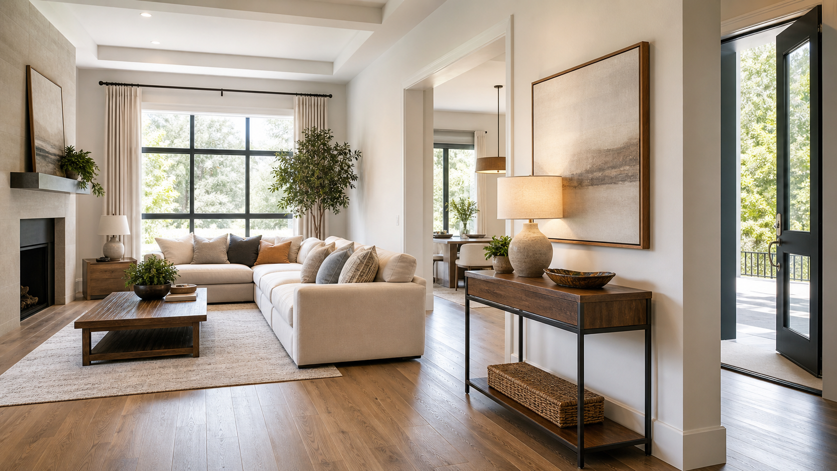 Editorial home scene illustrating where to put console table in living room for accent tables furniture planning