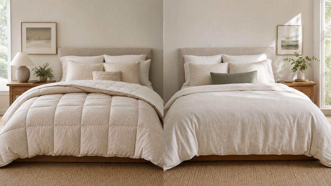 Editorial home scene illustrating comforter cover vs duvet cover for comforters quilts planning