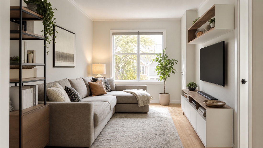 Editorial home scene illustrating how to arrange a sectional sofa in a small room for sofas sectionals planning
