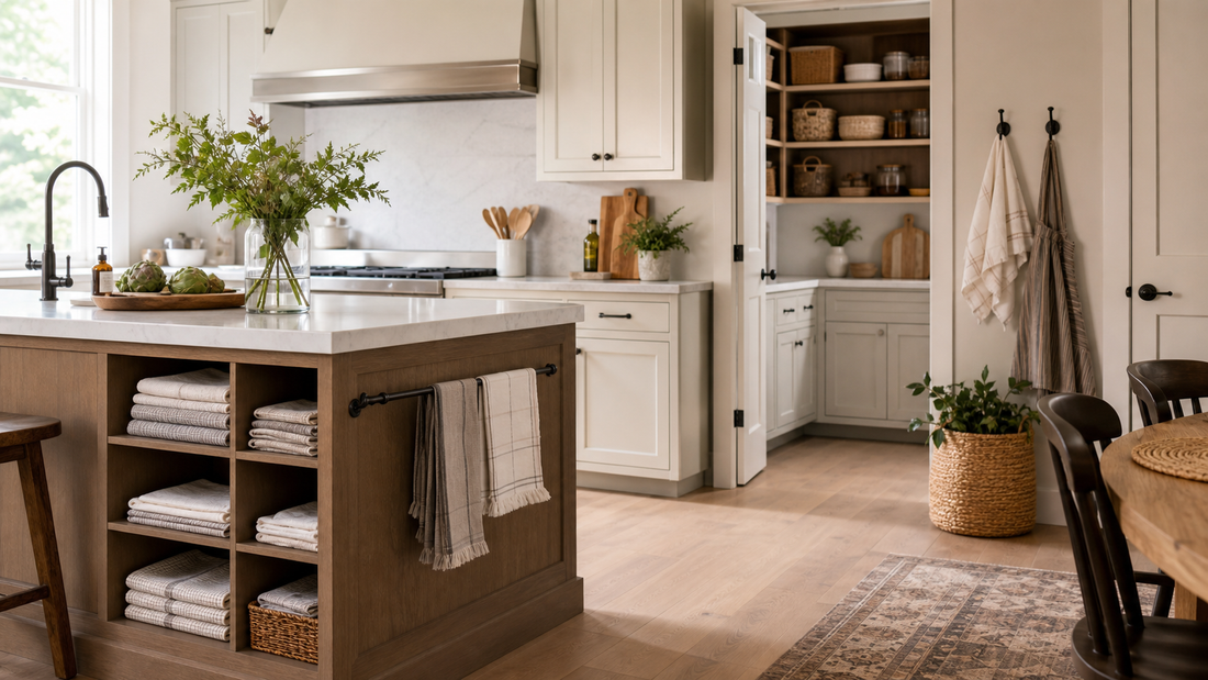 Editorial home scene illustrating kitchen towel storage ideas for placemats kitchen linens planning