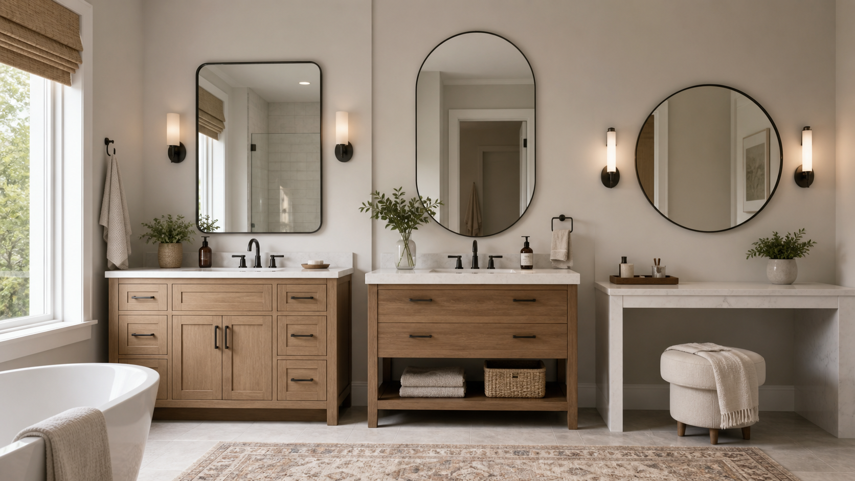 Editorial home scene illustrating how to choose a bathroom mirror for mirrors planning