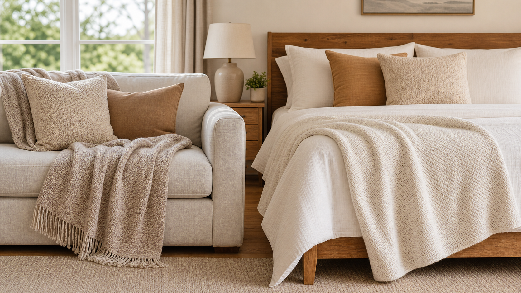 Editorial home scene illustrating throw vs twin blanket size for pillows throws planning