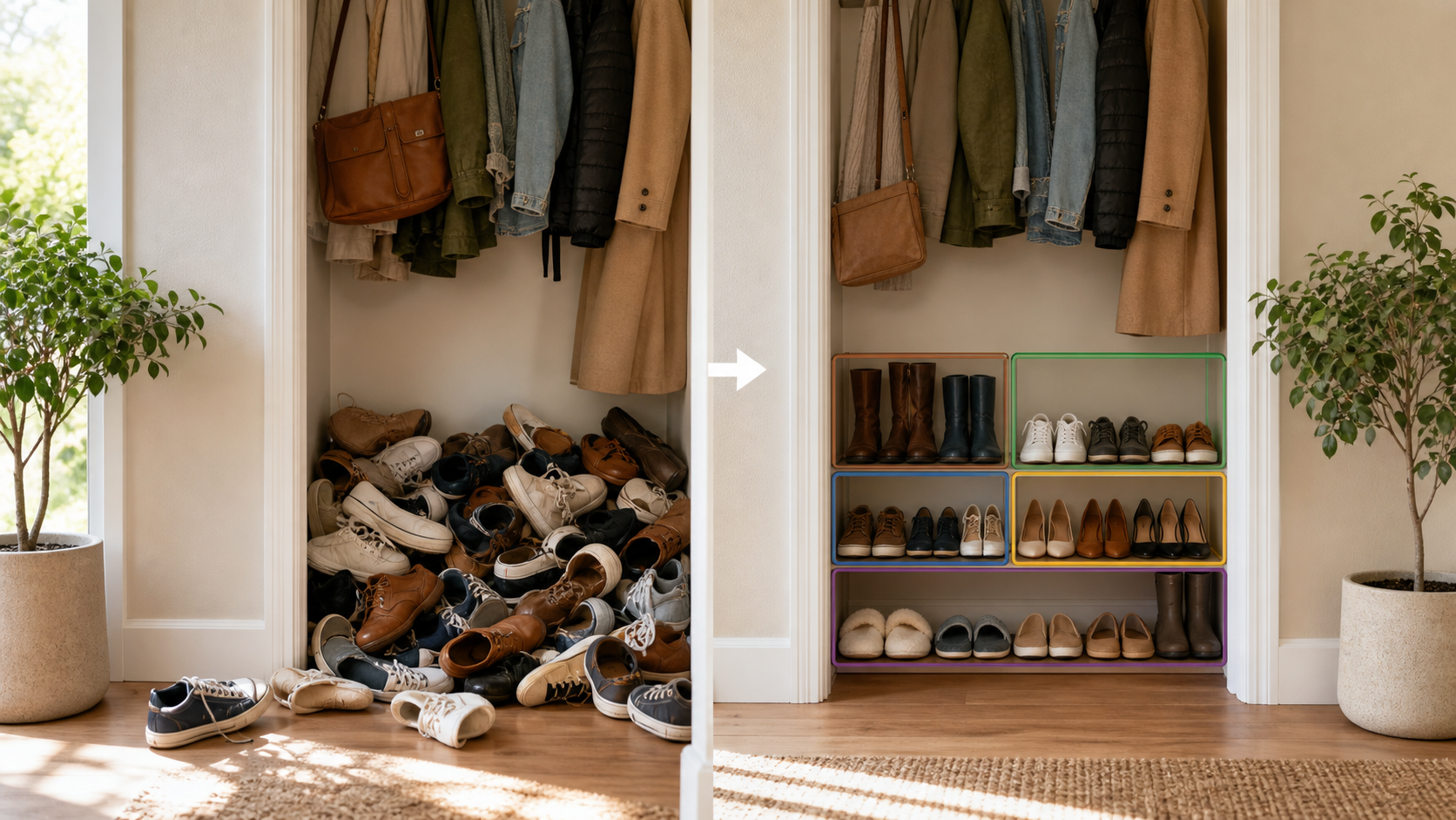 Editorial home scene illustrating how to organize shoes without shoe rack for shoe storage planning