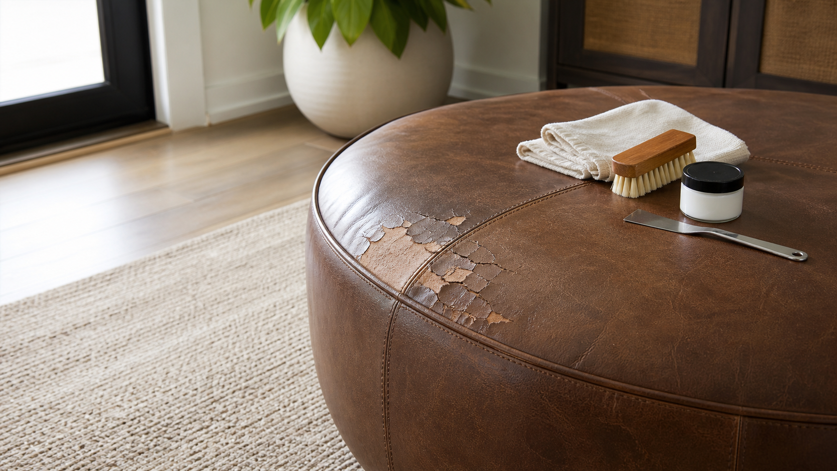 Editorial home scene illustrating how to repair leather ottoman for accent tables furniture planning