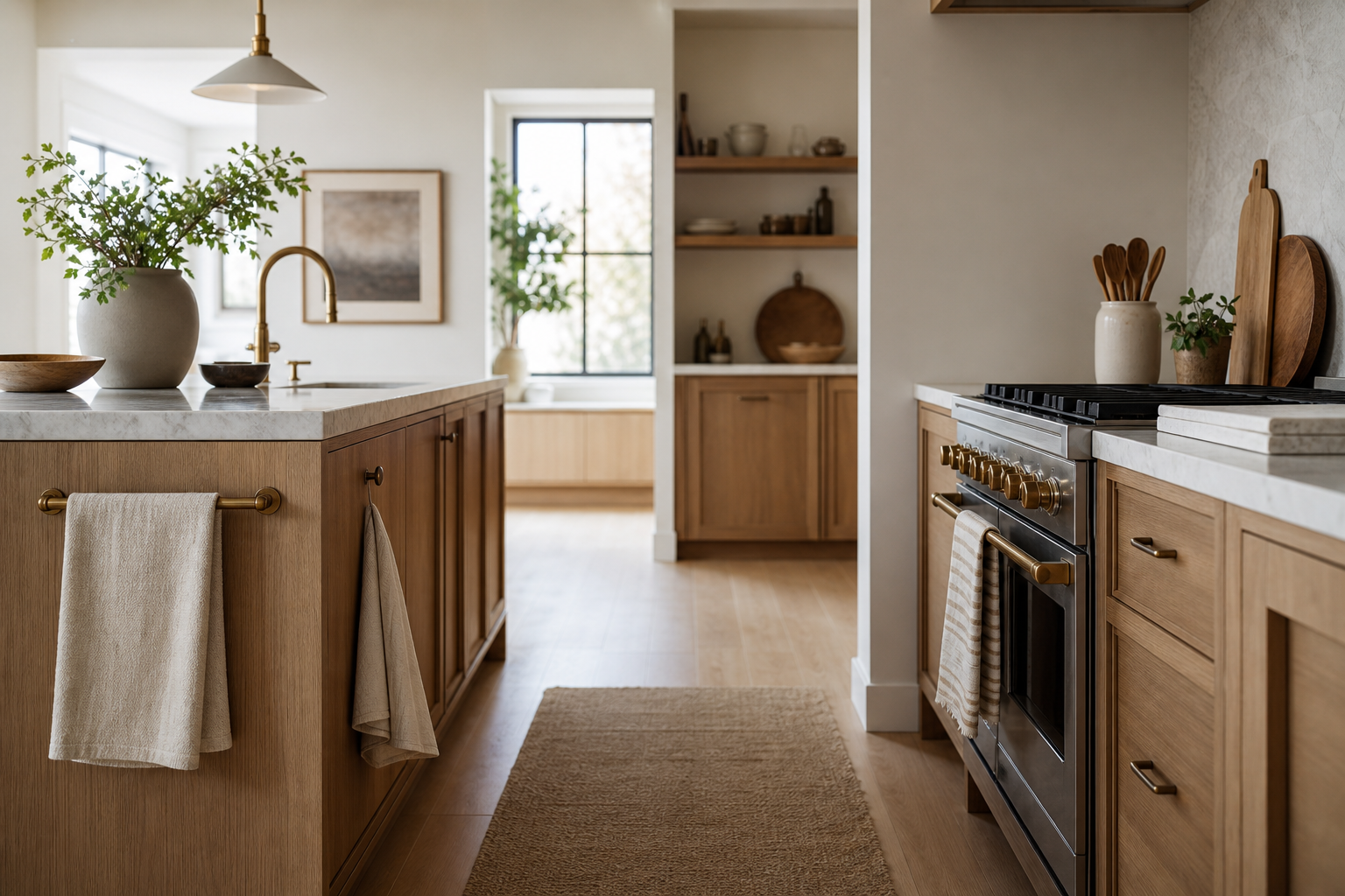 Bright kitchen with towels placed on convenient hooks and rails