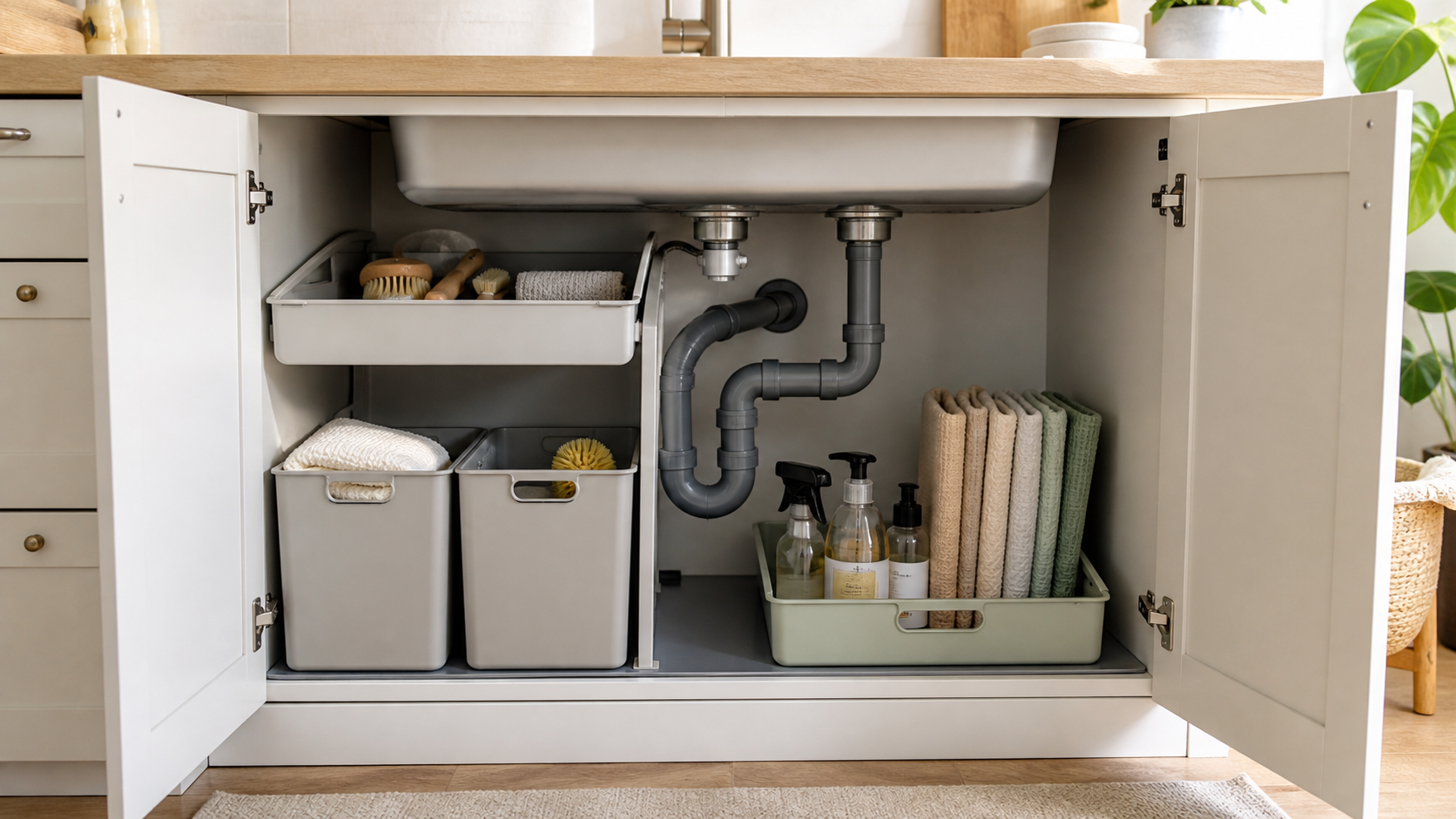 Kitchen sink cabinet organized around visible plumbing with bins, a tray, and folded cloths