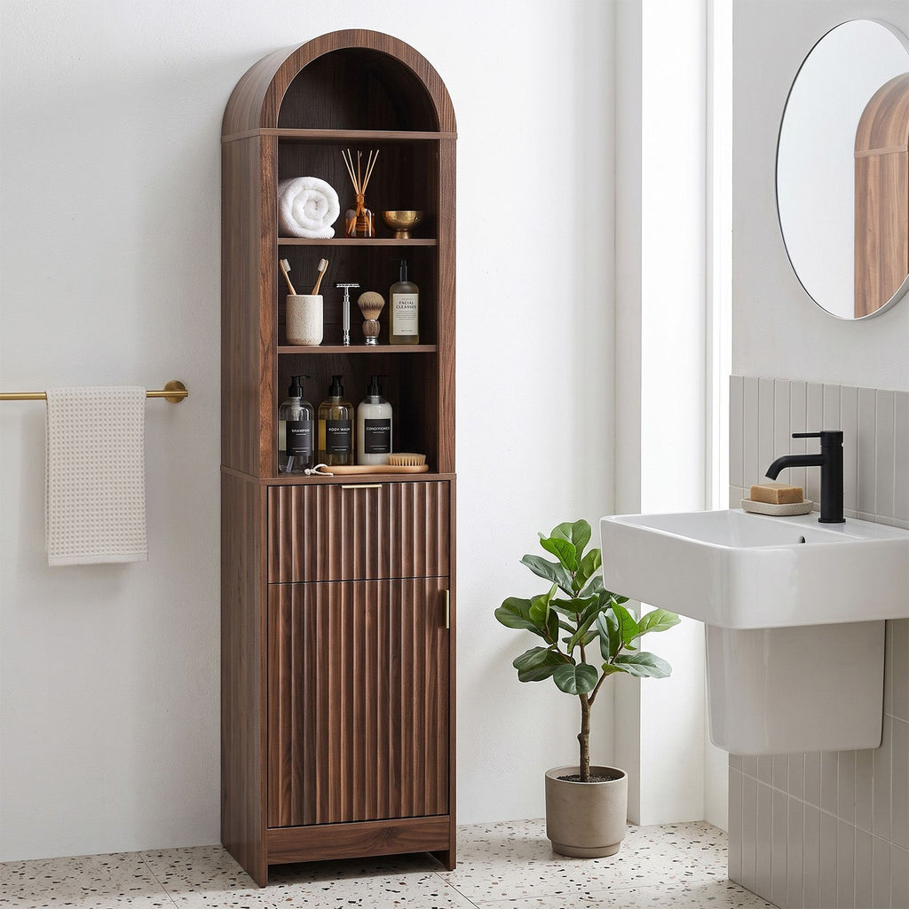 Elegant 1-Door 1-Drawer 4-Tier Bathroom Floor Cabinet with Grille Front & Arched Top