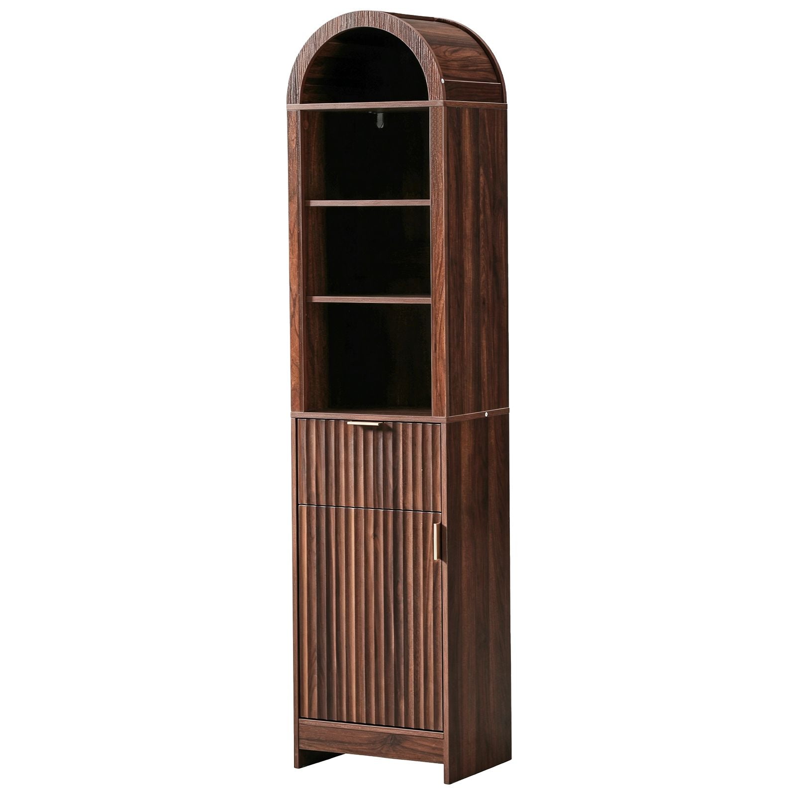Elegant 1-Door 1-Drawer 4-Tier Bathroom Floor Cabinet with Grille Front & Arched Top