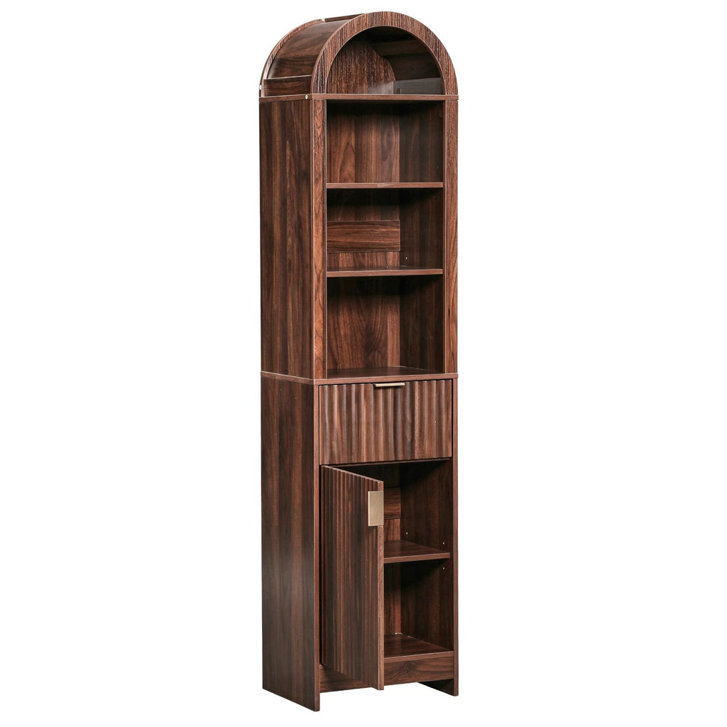 Elegant 1-Door 1-Drawer 4-Tier Bathroom Floor Cabinet with Grille Front & Arched Top