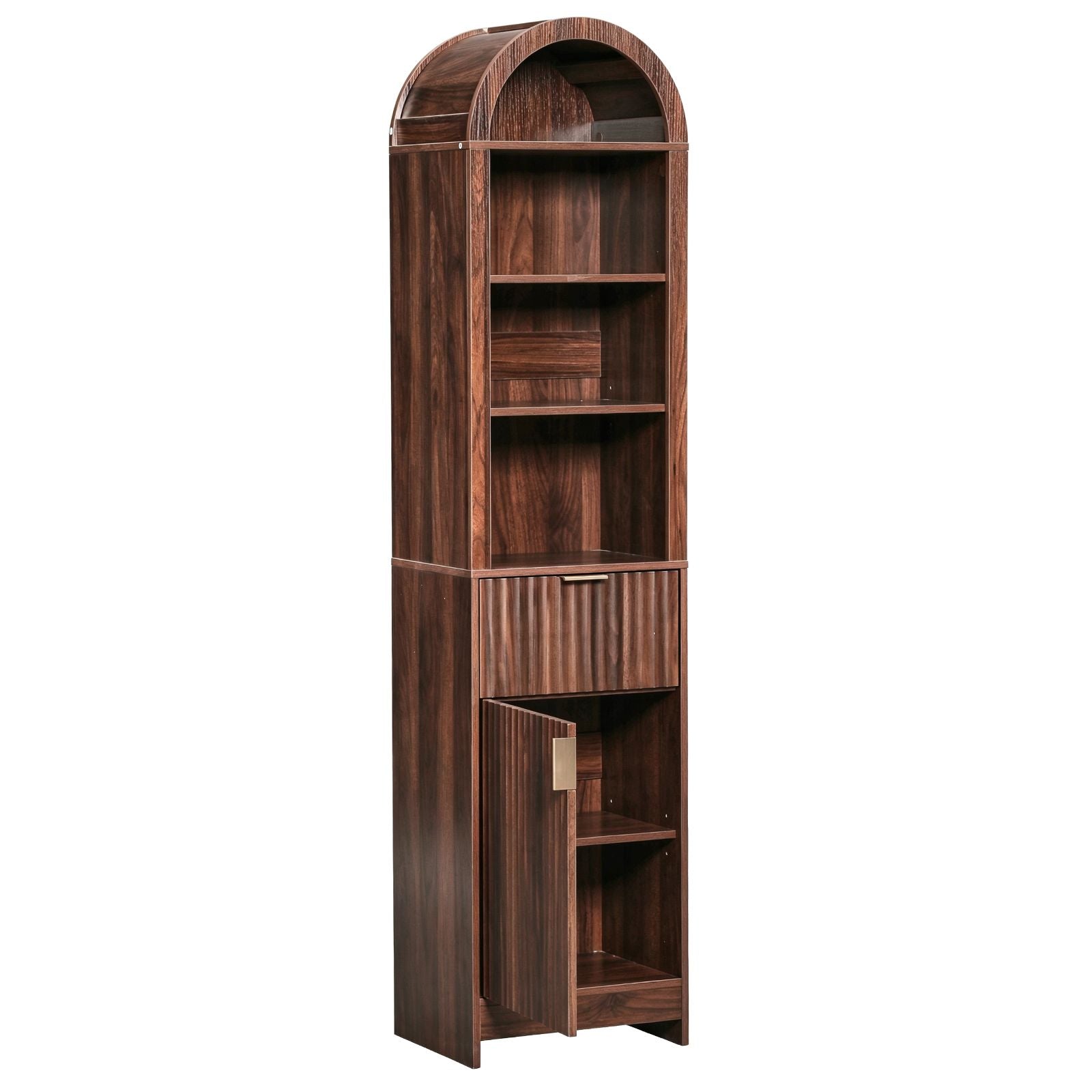 Elegant 1-Door 1-Drawer 4-Tier Bathroom Floor Cabinet with Grille Front & Arched Top