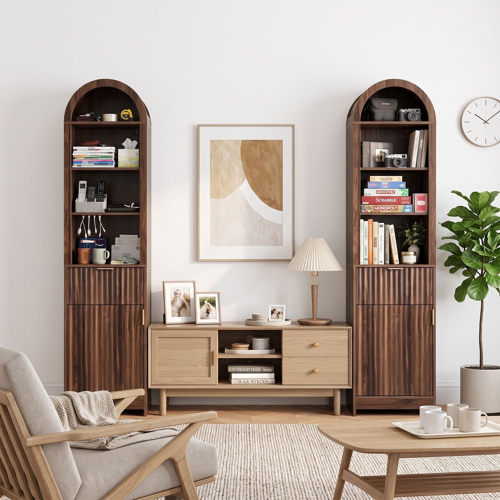 Elegant 1-Door 1-Drawer 4-Tier Bathroom Floor Cabinet with Grille Front & Arched Top