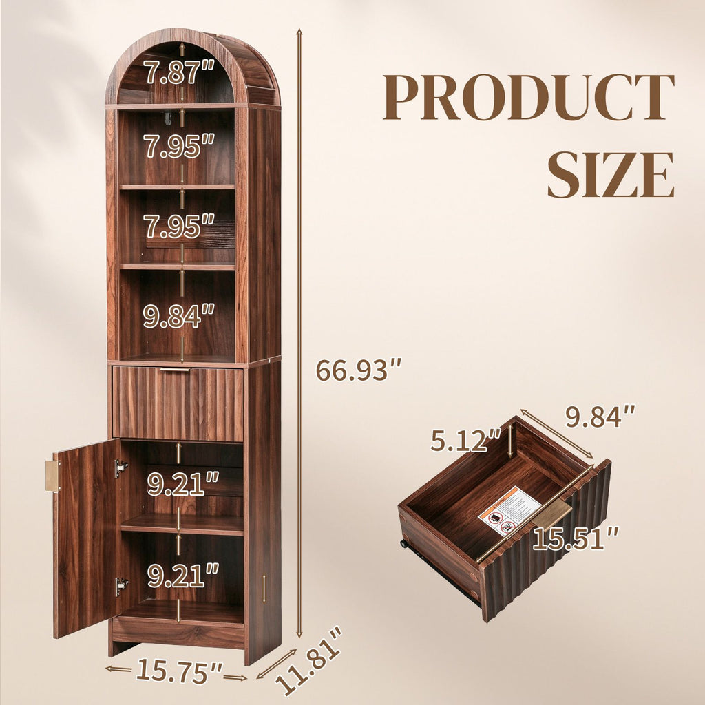 Elegant 1-Door 1-Drawer 4-Tier Bathroom Floor Cabinet with Grille Front & Arched Top