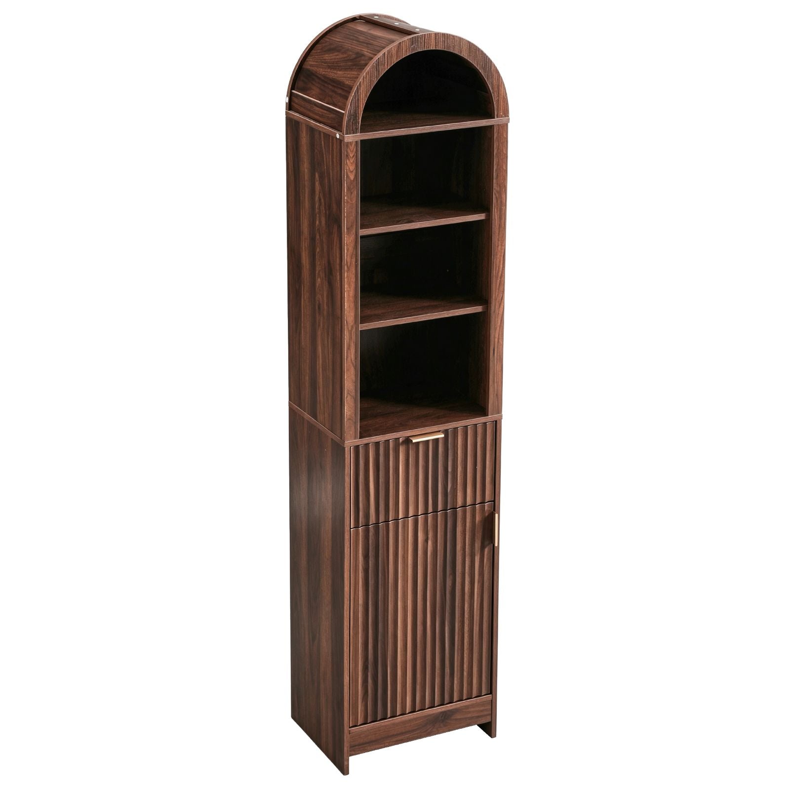 Elegant 1-Door 1-Drawer 4-Tier Bathroom Floor Cabinet with Grille Front & Arched Top
