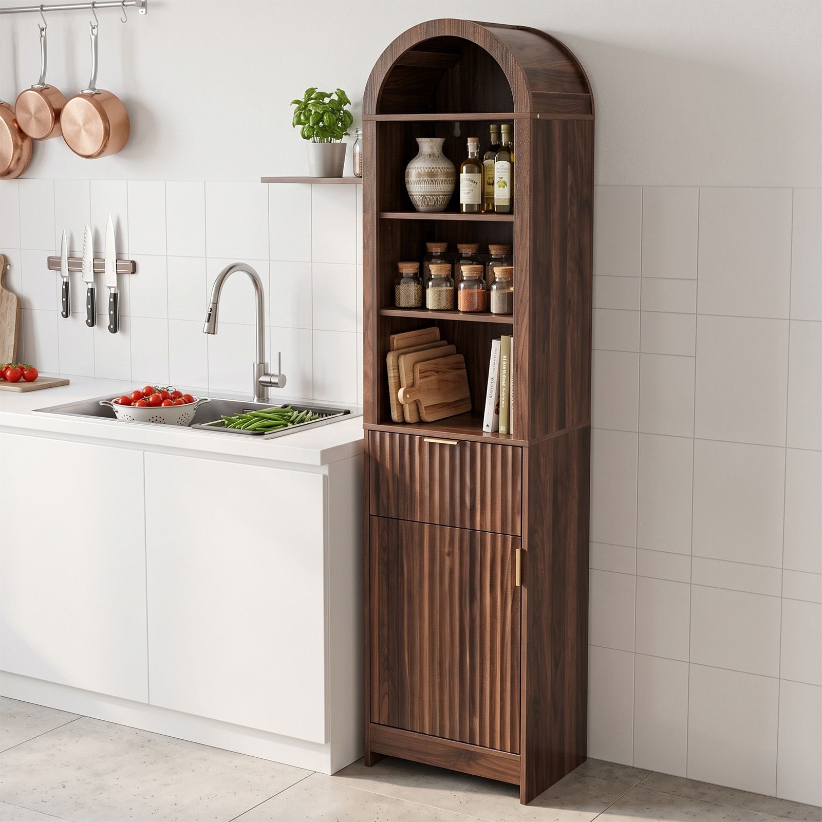 Elegant 1-Door 1-Drawer 4-Tier Bathroom Floor Cabinet with Grille Front & Arched Top