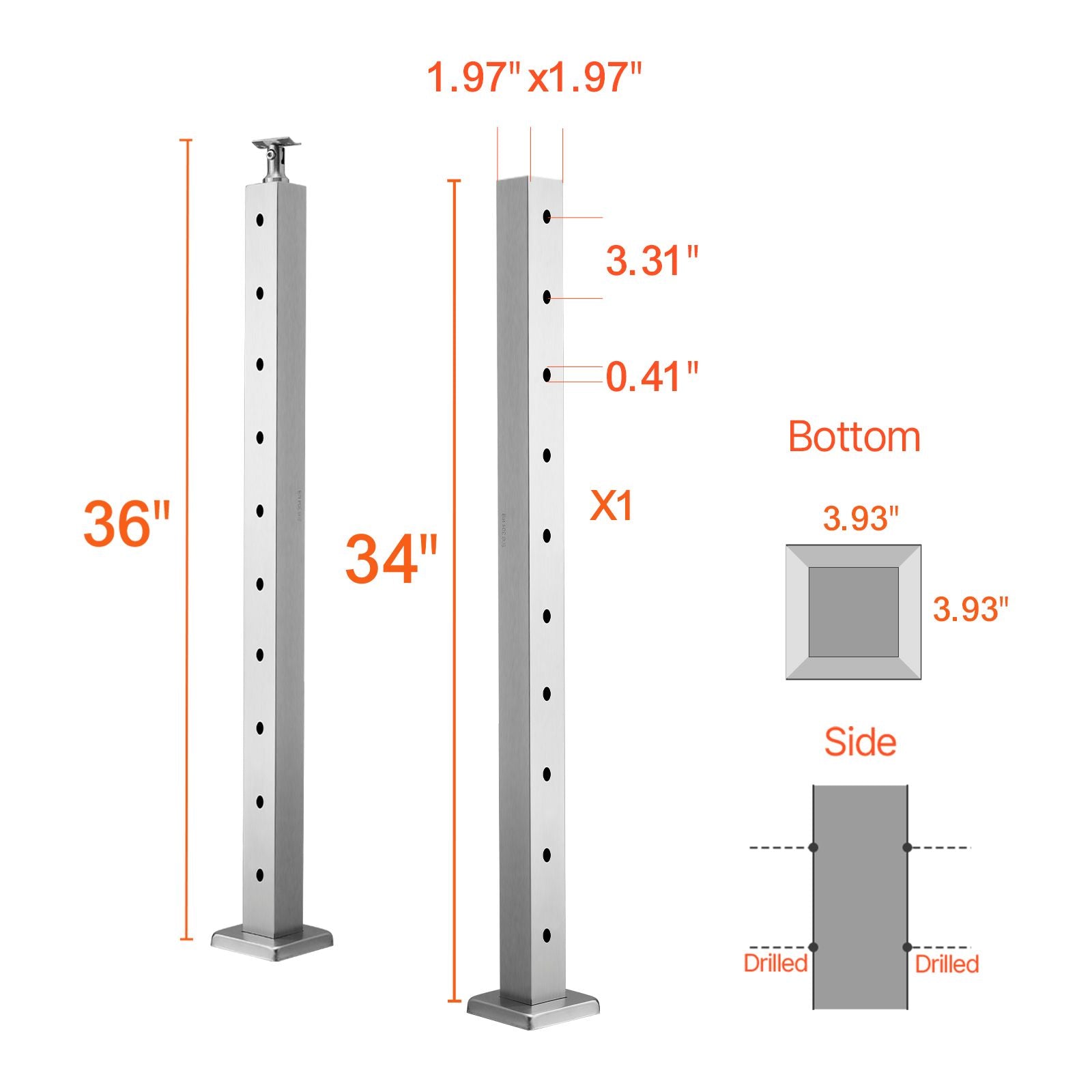 Pre-Drilled Cable Railing Post with Adjustable Supports