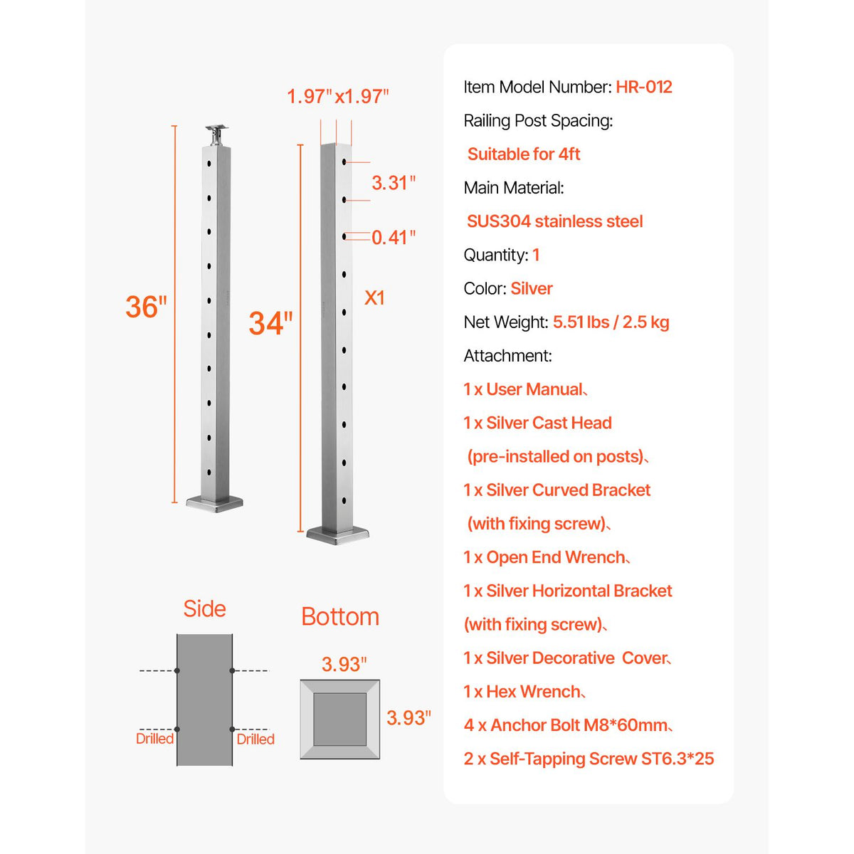 Pre-Drilled Cable Railing Post with Adjustable Supports