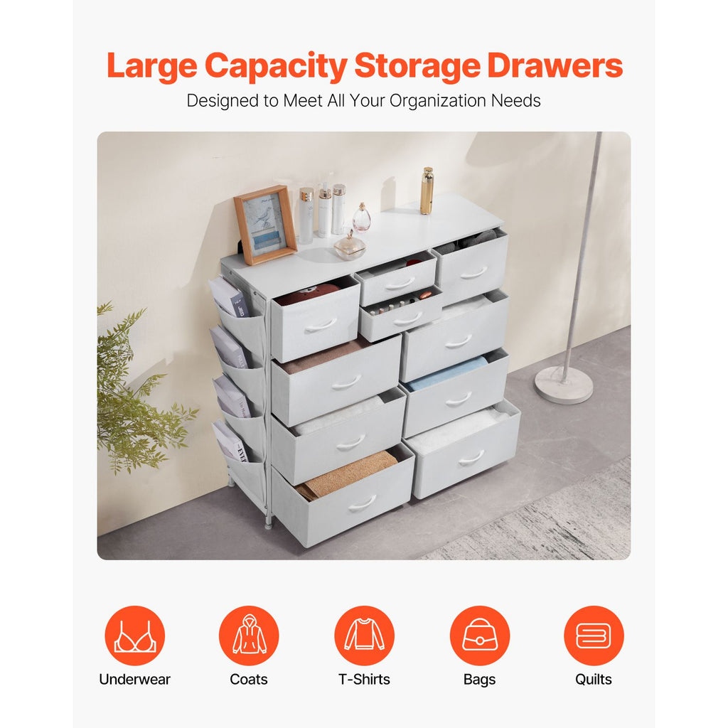 10-Drawer Fabric Dresser with Sturdy Steel Frame and Breathable Bins – White