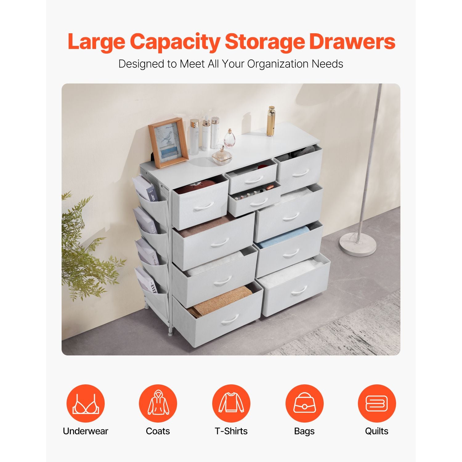 10-Drawer Fabric Dresser with Sturdy Steel Frame and Breathable Bins – White