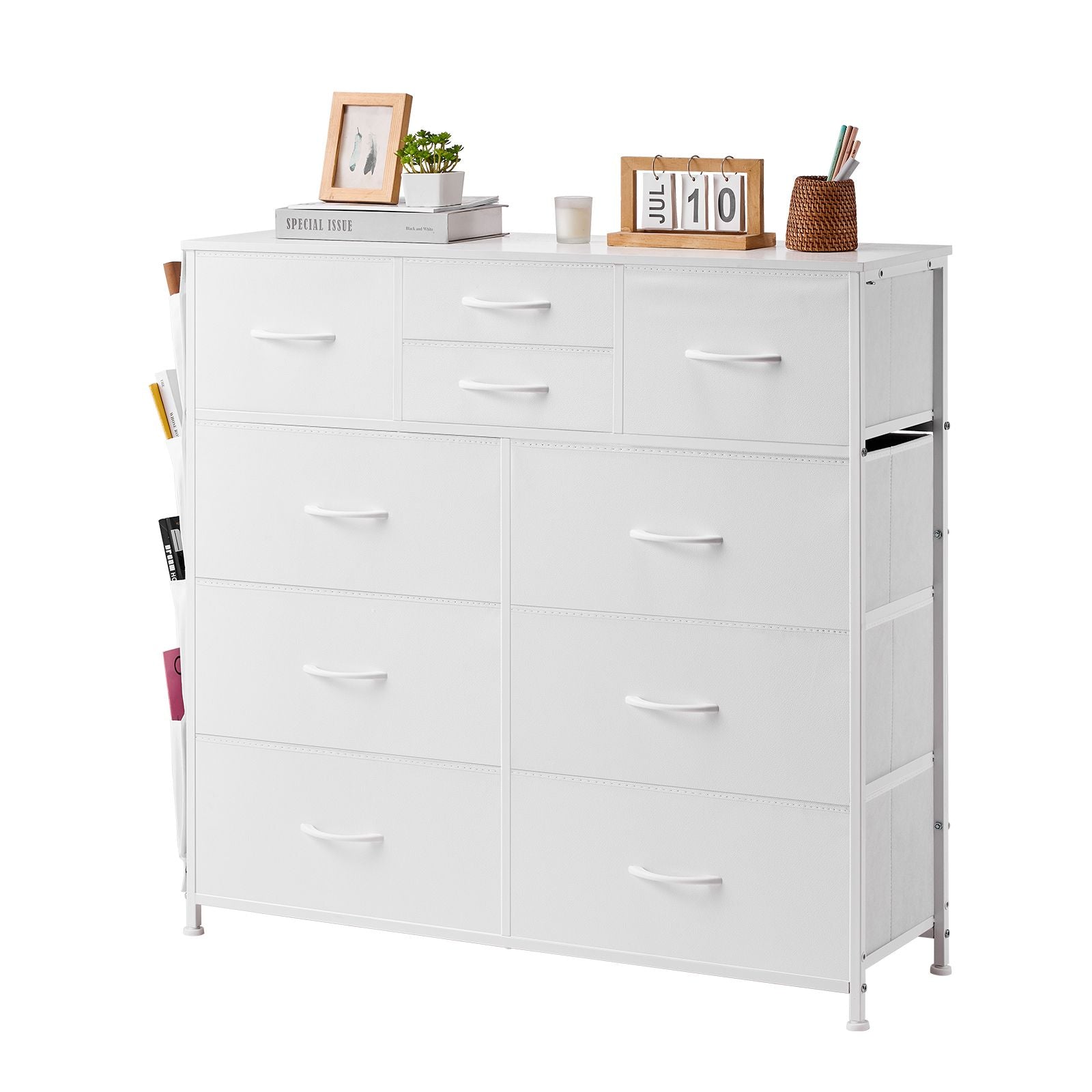 10-Drawer Fabric Dresser with Sturdy Steel Frame and Breathable Bins – White