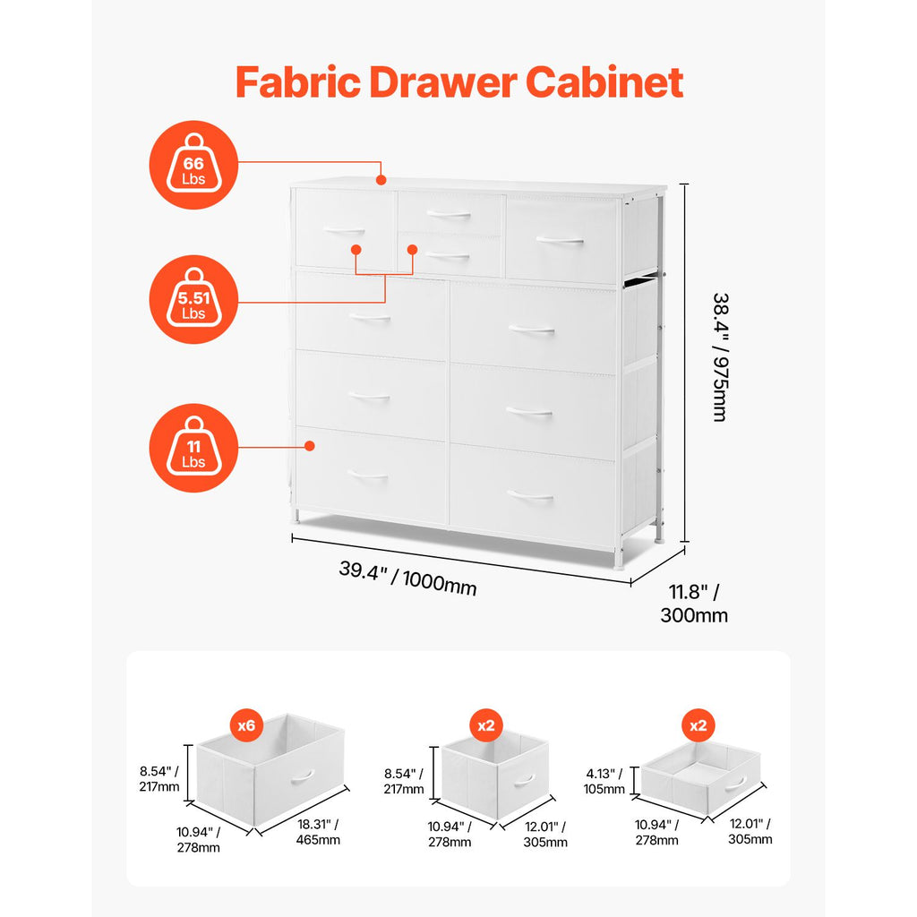 10-Drawer Fabric Dresser with Sturdy Steel Frame and Breathable Bins – White