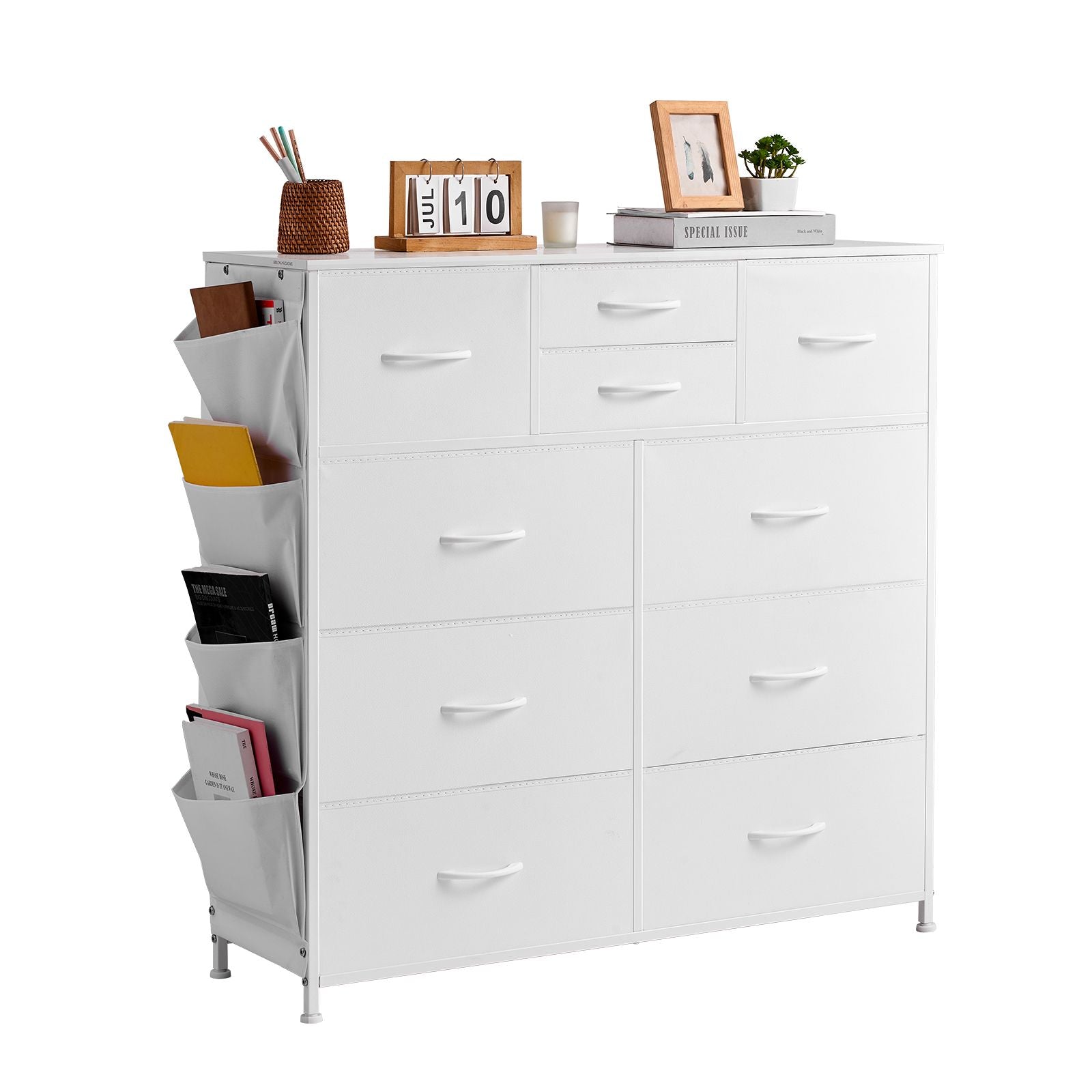 10-Drawer Fabric Dresser with Sturdy Steel Frame and Breathable Bins – White