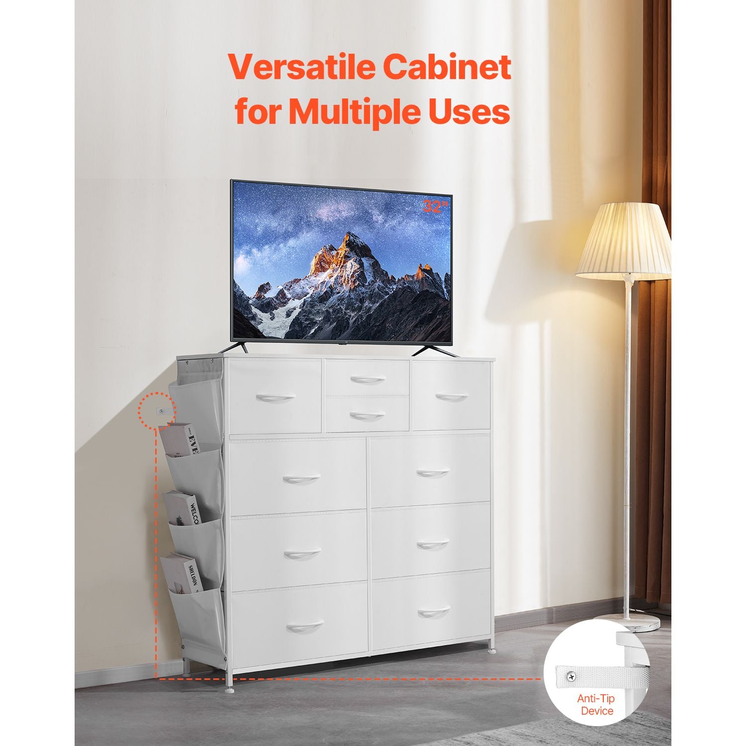 10-Drawer Fabric Dresser with Sturdy Steel Frame and Breathable Bins – White