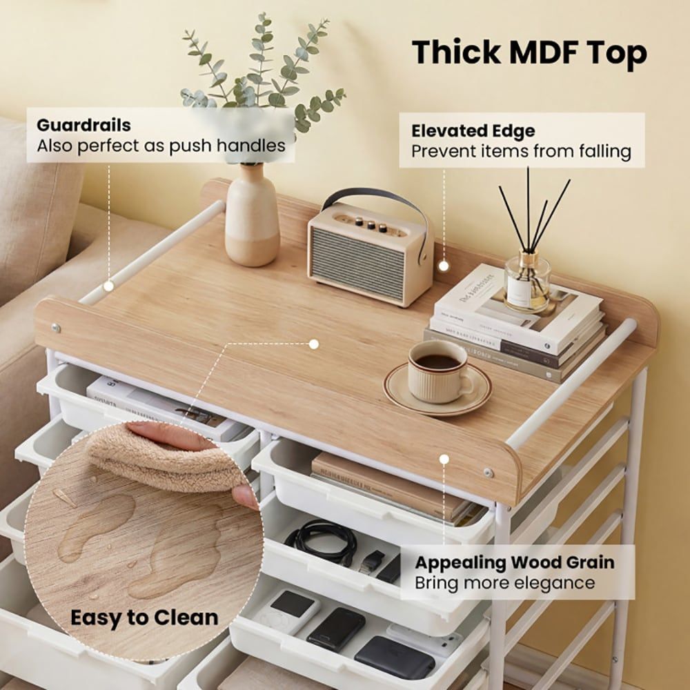 10-Drawer Rolling Cart with Wooden Tabletop and Lockable Wheels