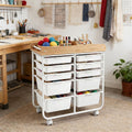 10-Drawer Rolling Cart with Wooden Tabletop and Lockable Wheels