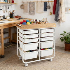 10-Drawer Rolling Cart with Wooden Tabletop and Lockable Wheels