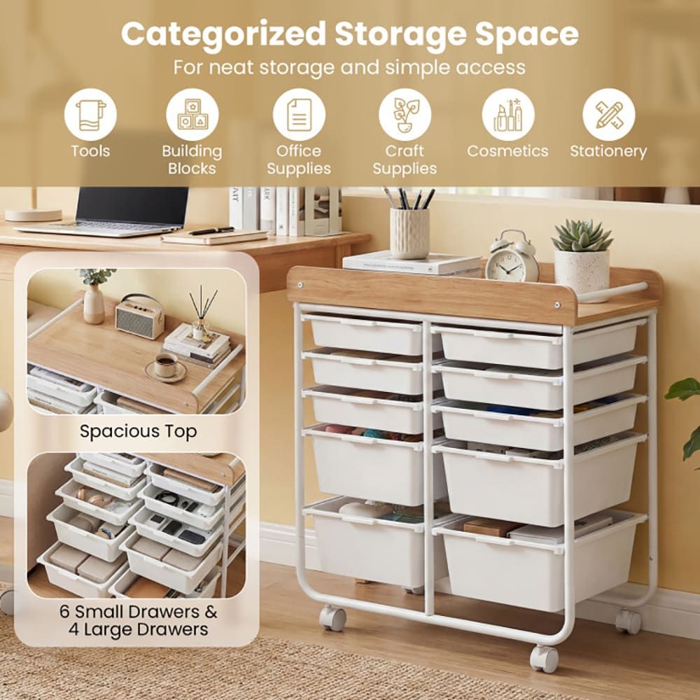 10-Drawer Rolling Cart with Wooden Tabletop and Lockable Wheels
