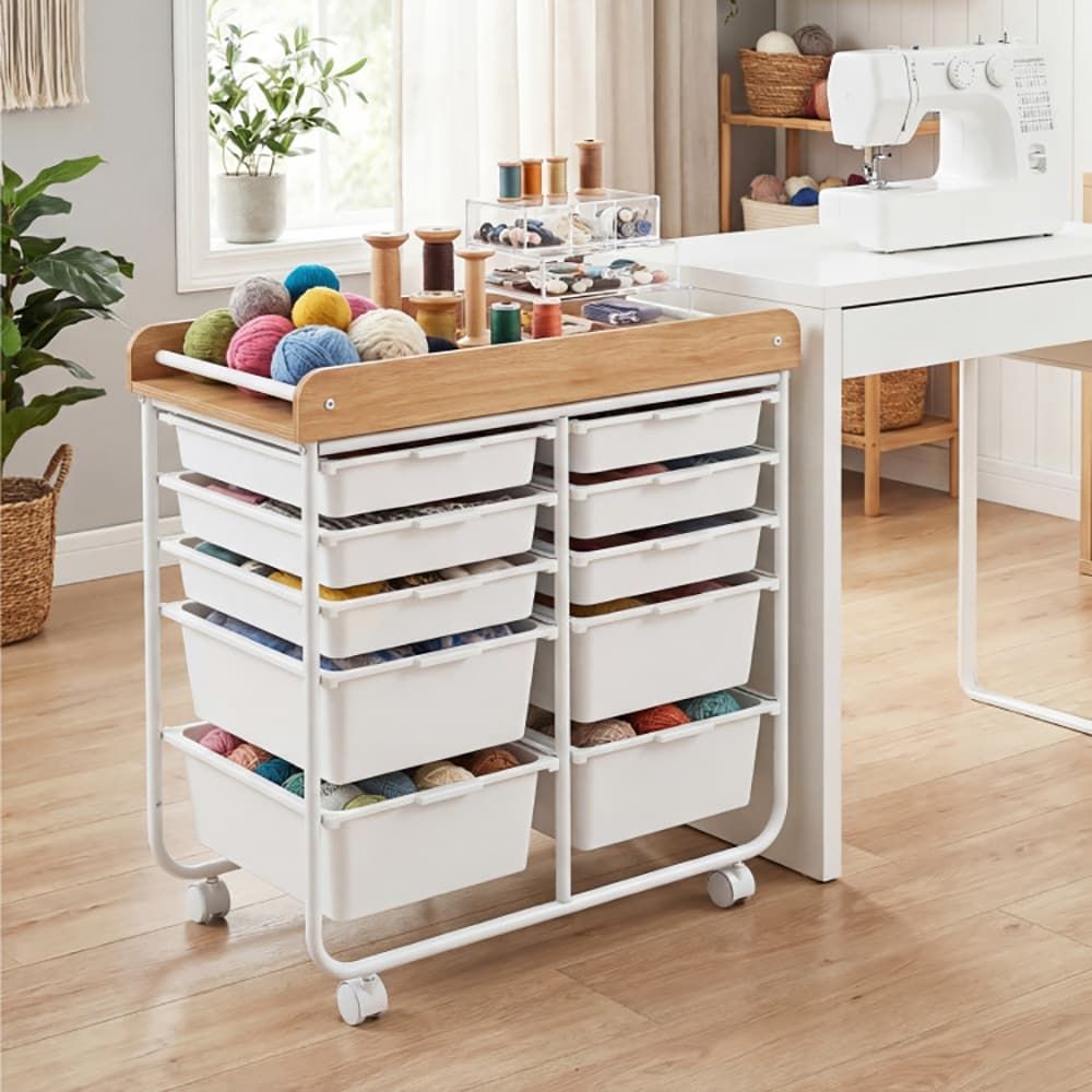 10-Drawer Rolling Cart with Wooden Tabletop and Lockable Wheels