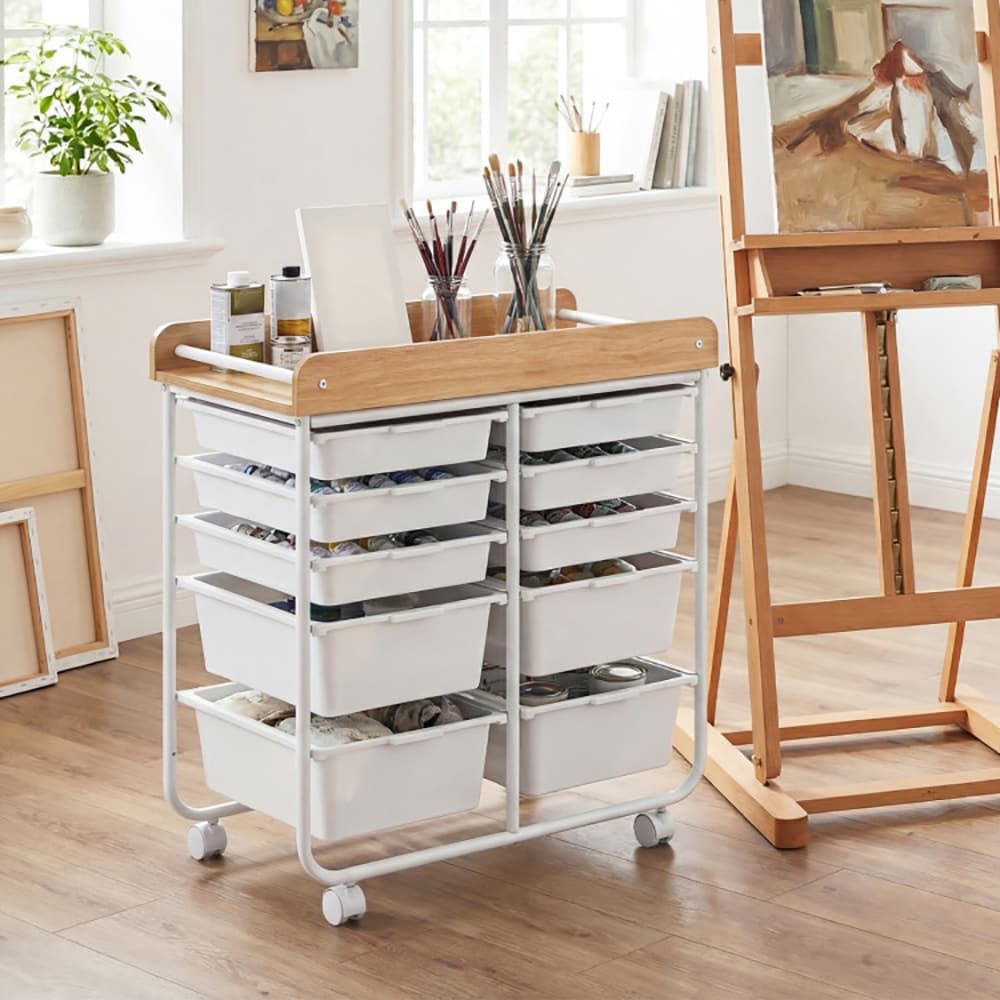 10-Drawer Rolling Cart with Wooden Tabletop and Lockable Wheels