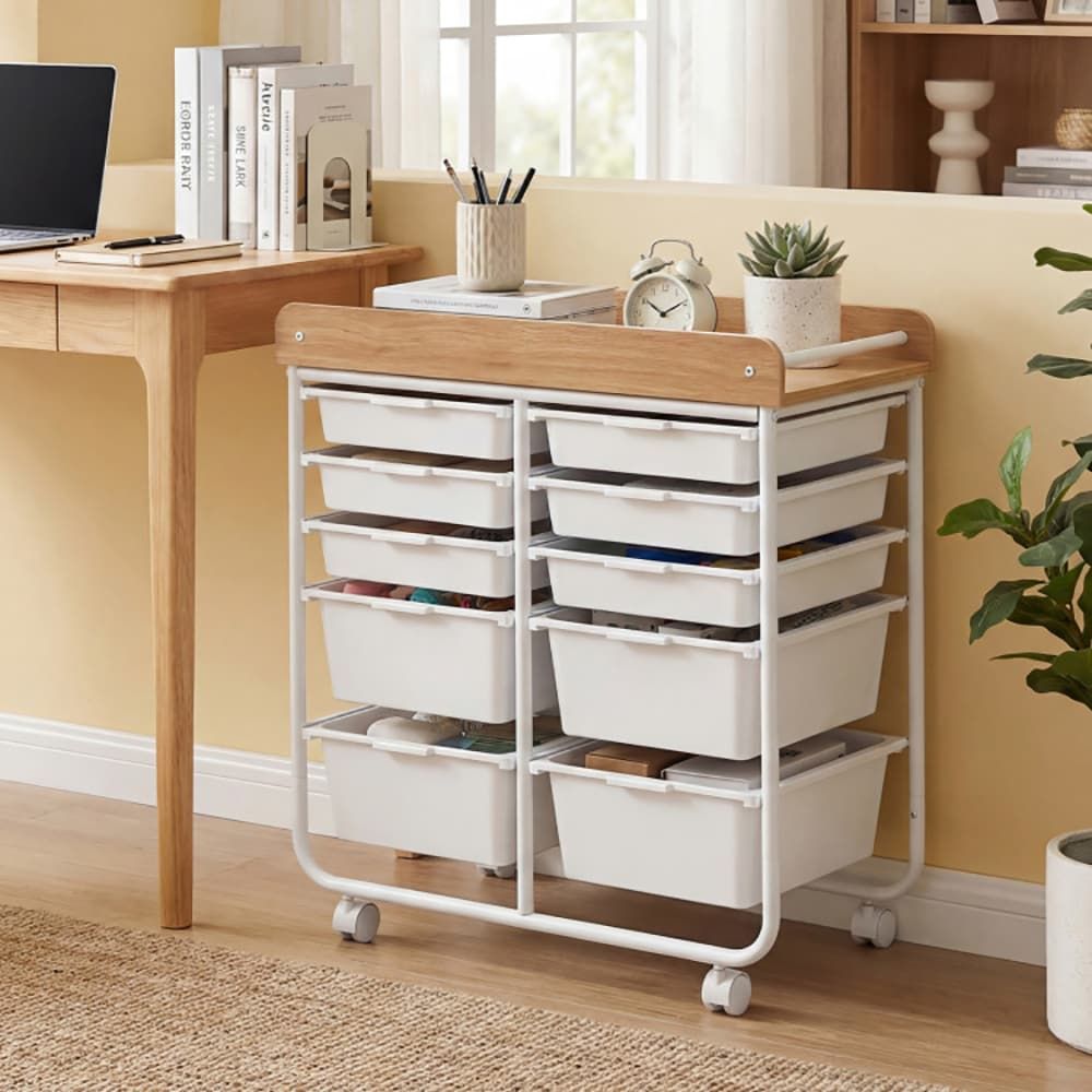 10-Drawer Rolling Cart with Wooden Tabletop and Lockable Wheels